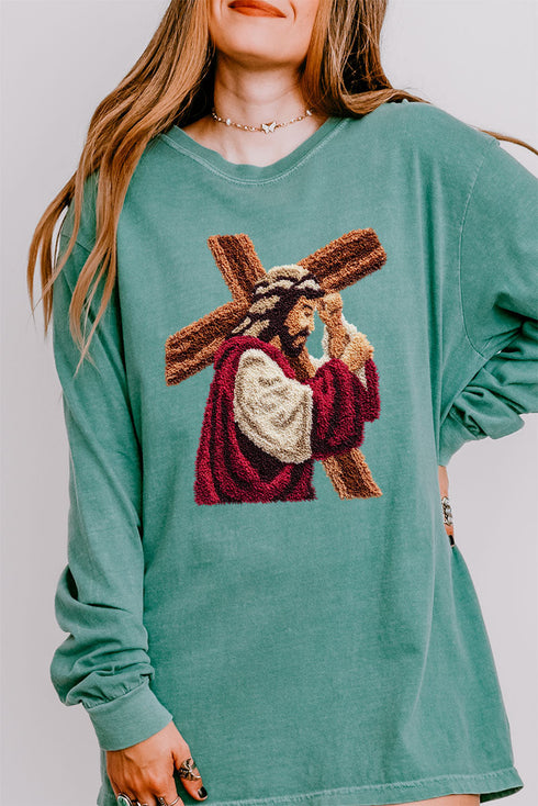 Faux Yarn Jesus At The Cross Comfort Colors Heavyweight Long Sleeve T-Shirt