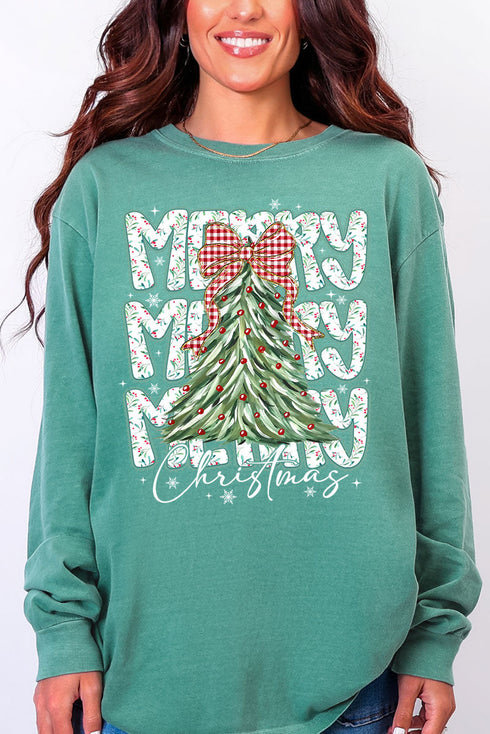 Stacked Holly Merry Christmas Tree Heavyweight Long Sleeve T-Shirt