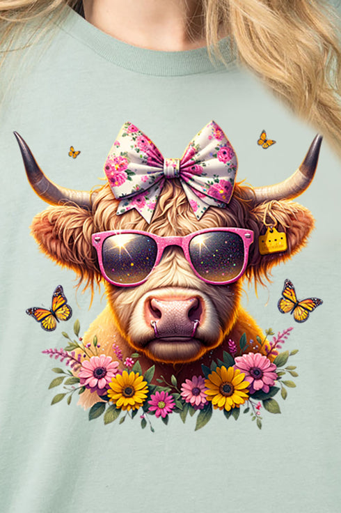 Glam Spring Highland Cow Combed Cotton T-Shirt