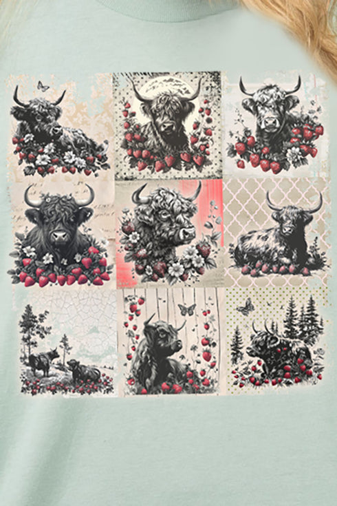 Strawberry Fields Highland Cow Combed Cotton T-Shirt