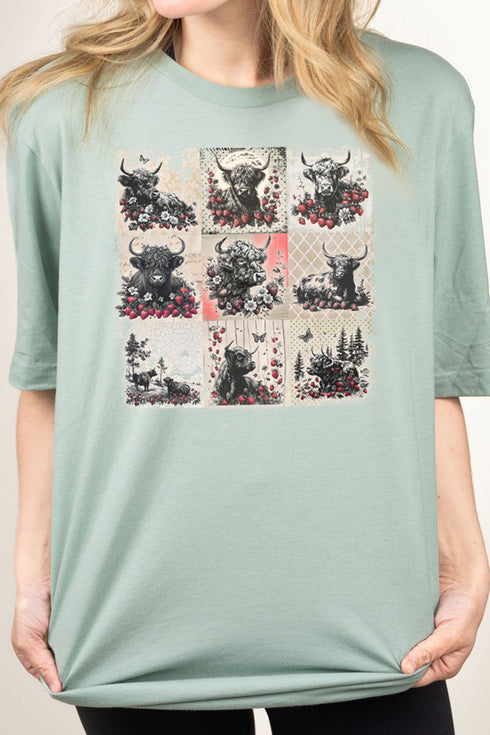 Strawberry Fields Highland Cow Combed Cotton T-Shirt