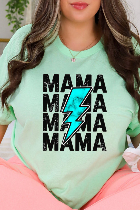 Turquoise Lightning Bolt Mama Combed Cotton T-Shirt