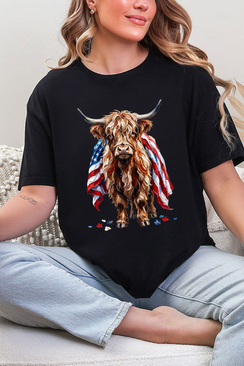 Painted Old Glory Highland Cow Softstyle Adult T-Shirt