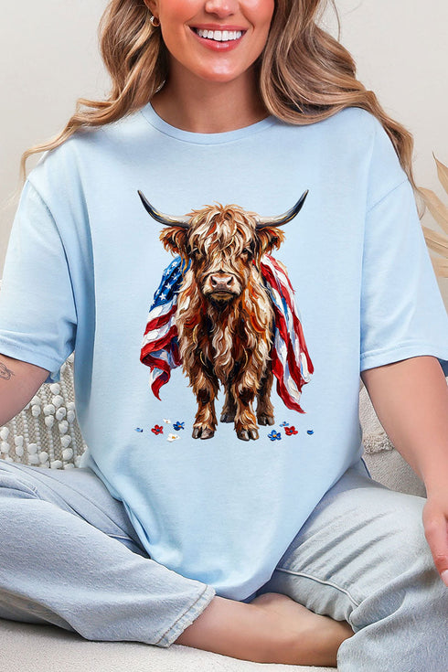 Painted Old Glory Highland Cow Softstyle Adult T-Shirt