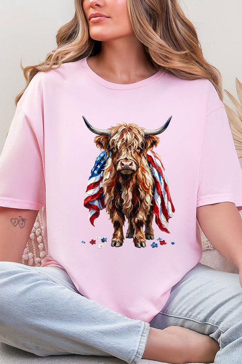Painted Old Glory Highland Cow Softstyle Adult T-Shirt