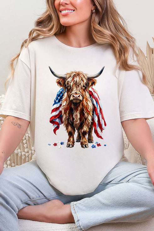 Painted Old Glory Highland Cow Softstyle Adult T-Shirt