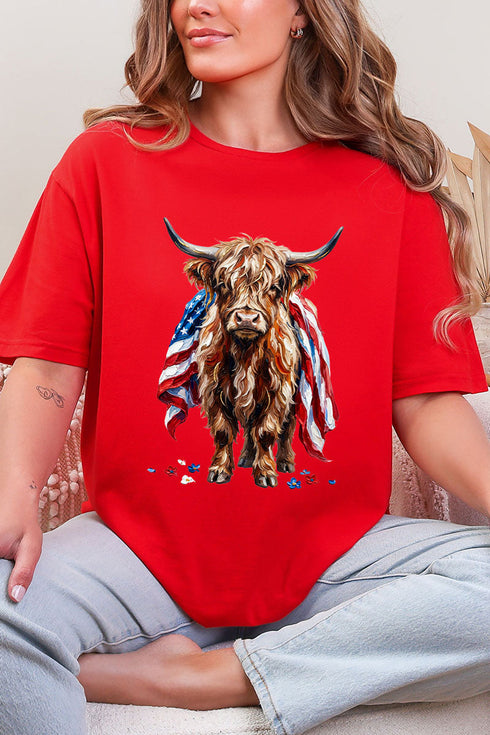 Painted Old Glory Highland Cow Softstyle Adult T-Shirt