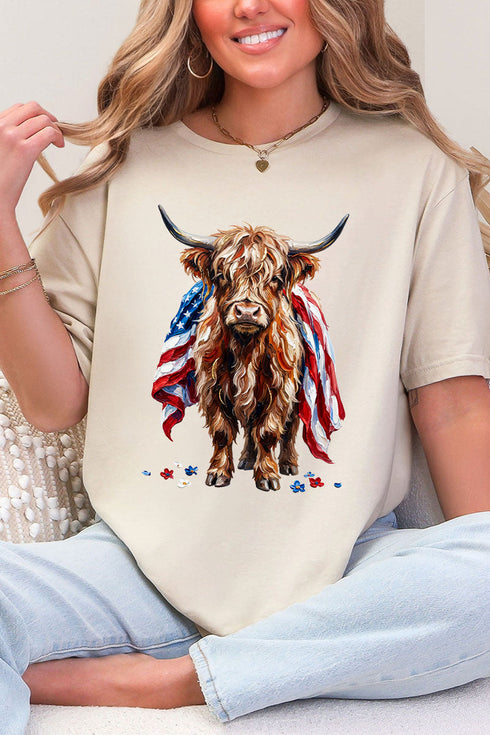 Painted Old Glory Highland Cow Softstyle Adult T-Shirt