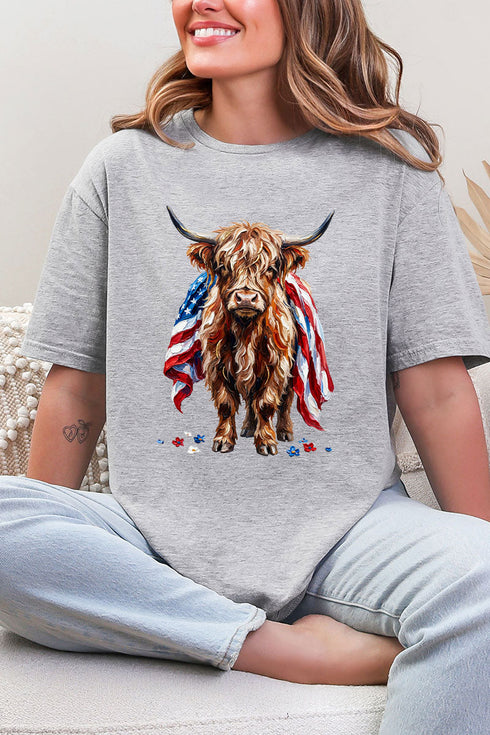 Painted Old Glory Highland Cow Softstyle Adult T-Shirt