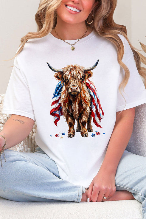 Painted Old Glory Highland Cow Softstyle Adult T-Shirt