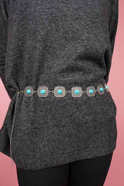 Turquoise Moon Over Mesa Silvertone Belt