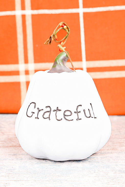 5.5 x 4.75 'Grateful' White Resin Pumpkin