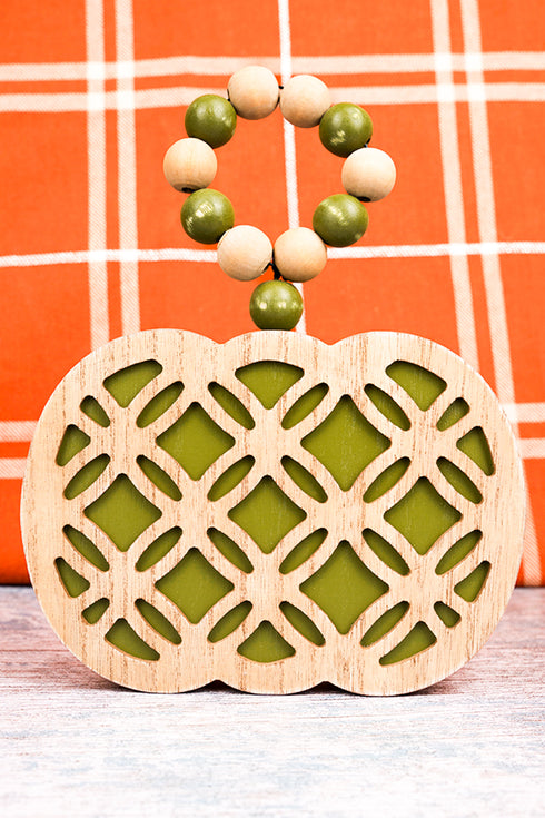 9 x 7 Fall Tradition Green Tabletop Block Pumpkin