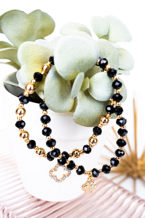 Double Trouble Quatrefoil Black Beaded Bracelet Set
