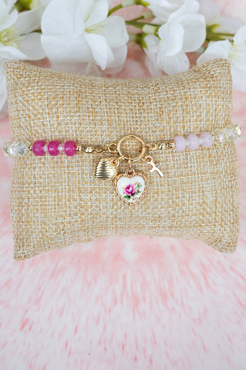 Rose Reign Pink Beaded Goldtone Bracelet