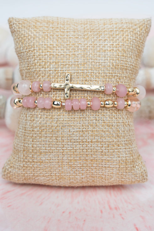 True Path Light Rose Beaded Cross Bracelet