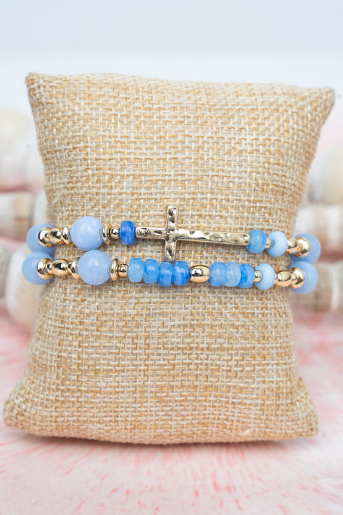 True Path Light Blue Beaded Cross Bracelet