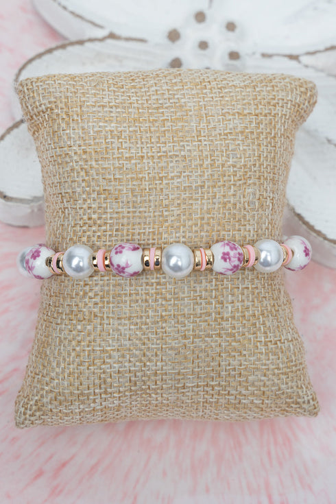 Pink Wildflower Whispers Pearl Beaded Bracelet