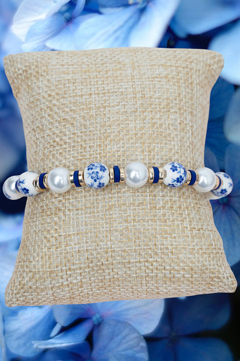 Blue Wildflower Whispers Pearl Beaded Bracelet