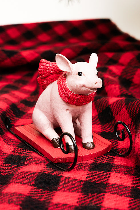 5.5 x 6 Snow Day Sledding Pig Resin Figurine