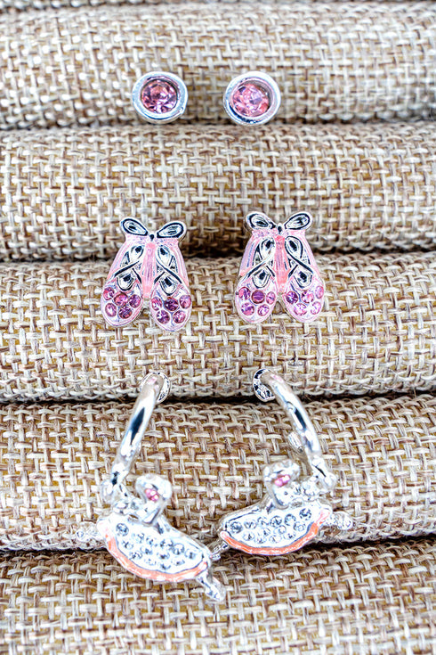 Twinkle Toes Pink Stud and Hoop Earrings 3 Pair Set