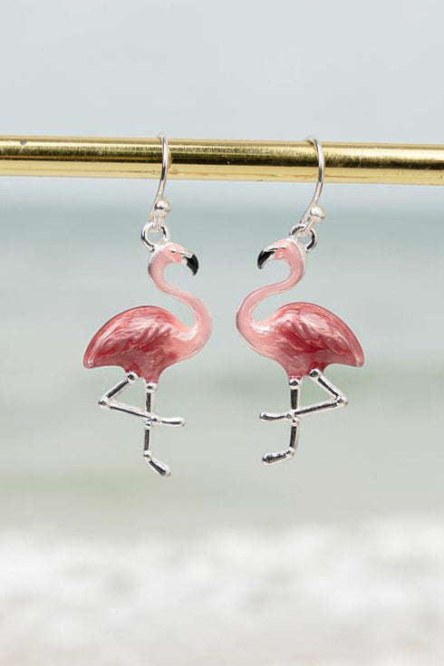 Sunlit Shore Pink Flamingo Silvertone Earrings