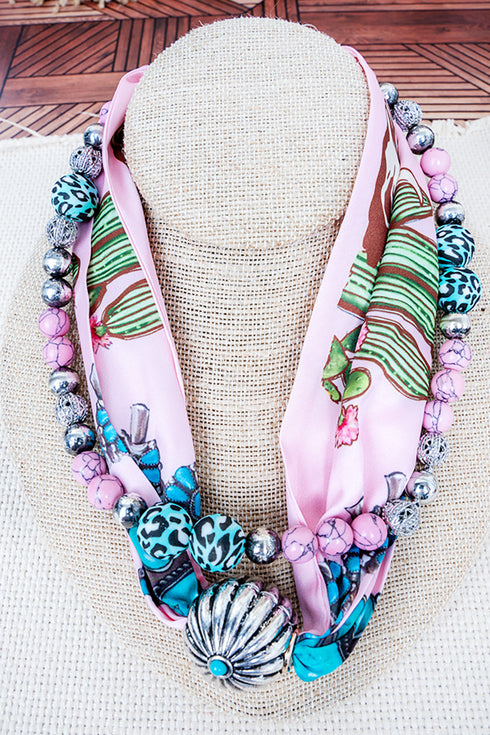 Cheyenne Cowgirl Pink Bead & Scarf Double Necklace Set