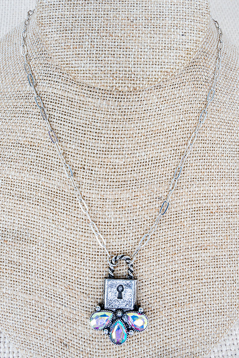 Iridescent Lock & Lasso Silvertone Necklace