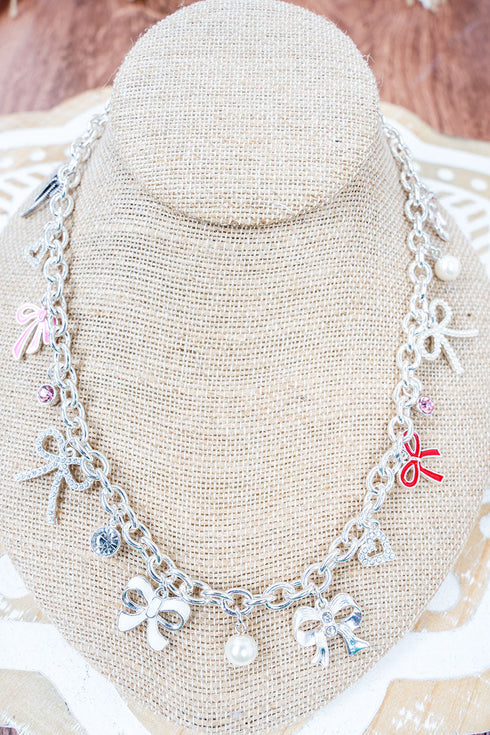 Bows & Sparkles Silvertone Charm Necklace