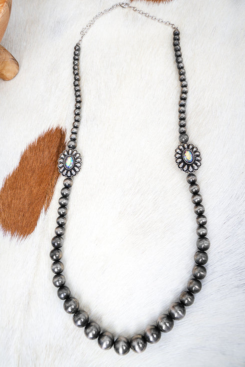 Iridescent Ironblaze Concho Silver Pearl Necklace