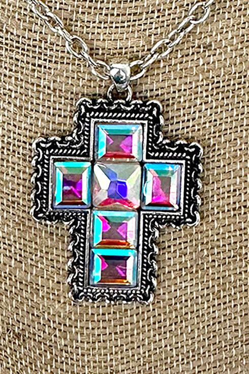 Iridescent Havenrock Cross Silvertone Necklace