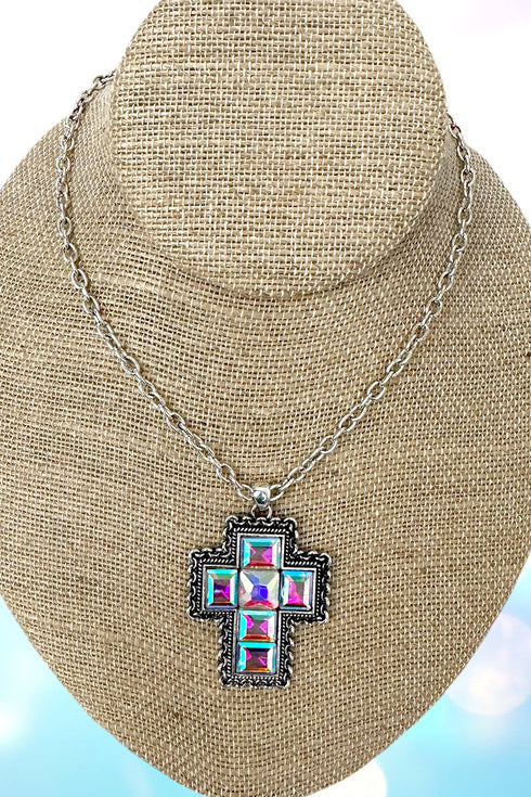 Iridescent Havenrock Cross Silvertone Necklace