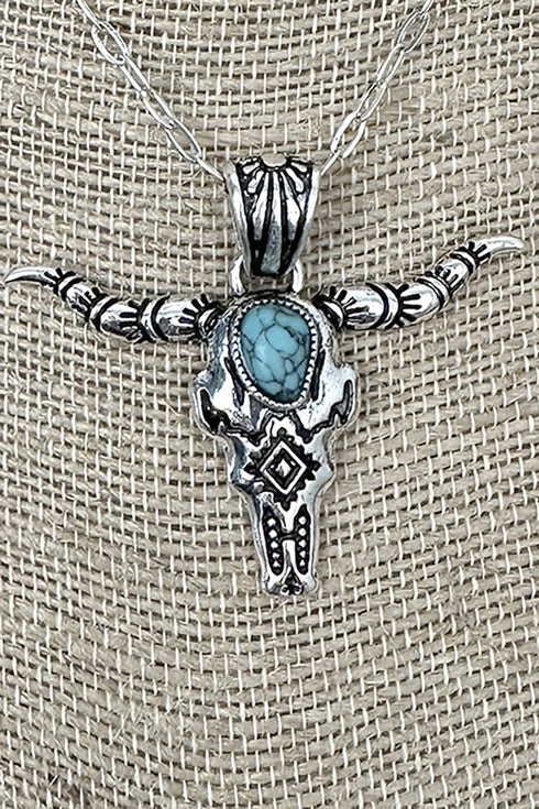 Turquoise Desert Dreamer Silvertone Steer Necklace