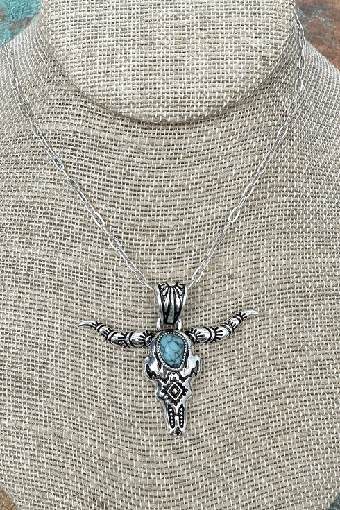 Turquoise Desert Dreamer Silvertone Steer Necklace