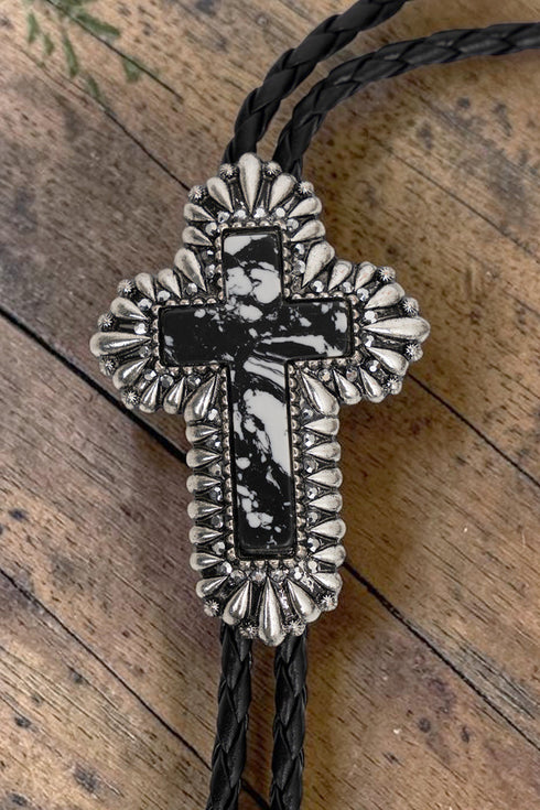 Black Marble Mesa Cross Bolo Tie Necklace