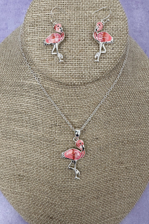 Tidebound Pink Flamingo Silvertone Necklace and Earring Set
