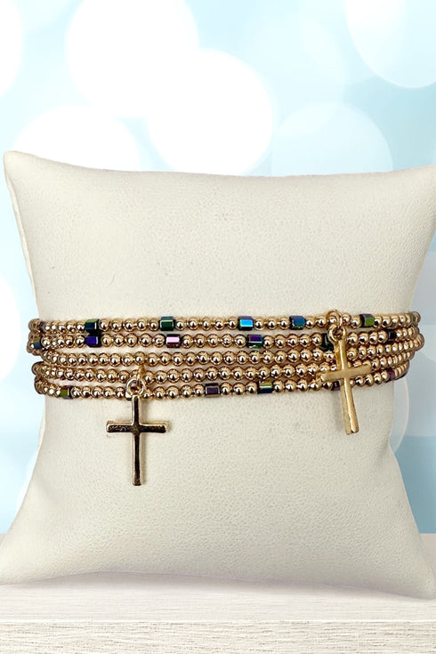 Icon of Faith Dark Iridescent Beaded Goldtone Bracelet Set