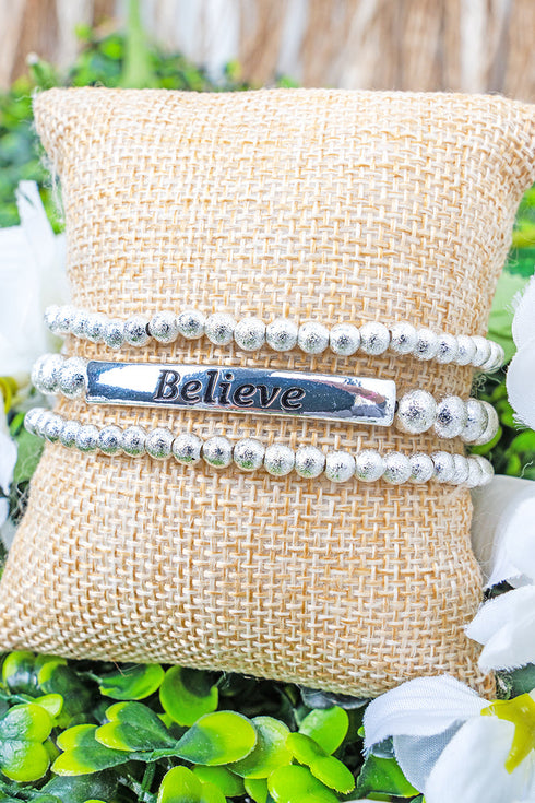 Believe Silvertone Beaded Bracelet Set