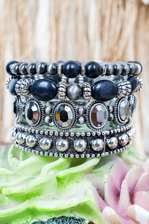 Black Moonlit Mesa Silvertone Bracelet Set