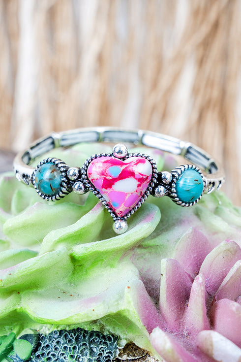 Pink Prairie Dawn Heart Silvertone Bangle