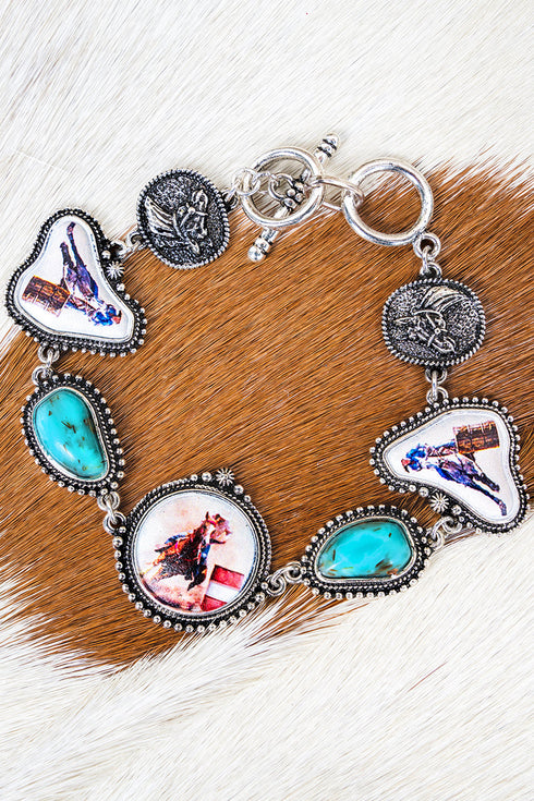 Barrel Racer Beauty Turquoise & Silvertone Charm Toggle Bracelet