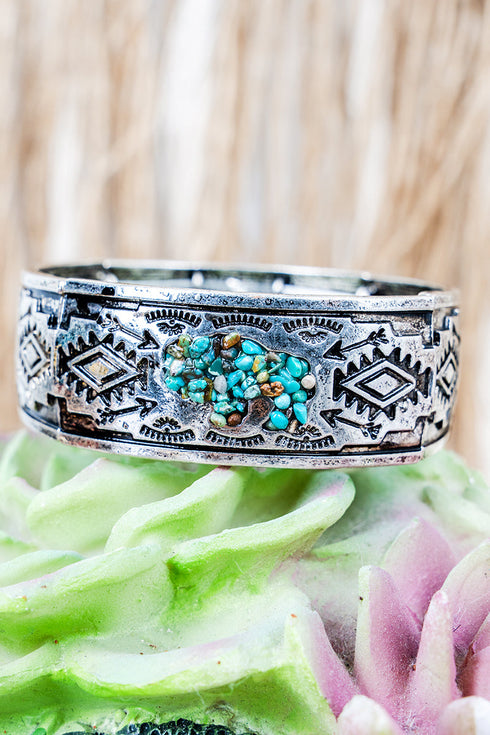 Turquoise Taos Flintrock Plains Silvertone Bracelet
