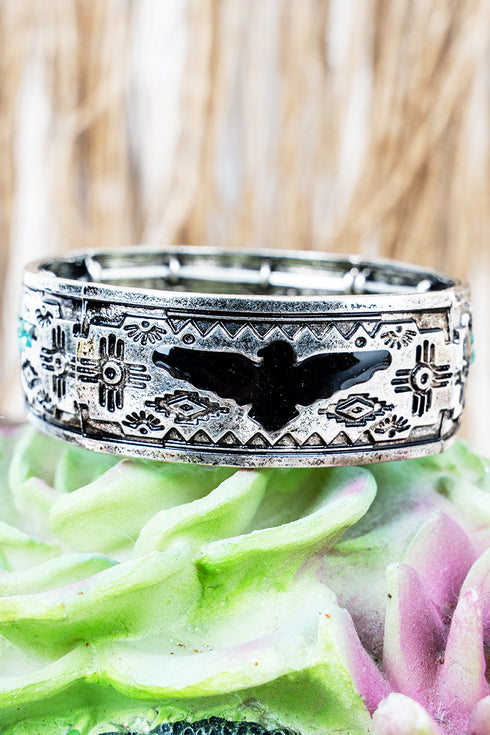 Turquoise Taos Flintrock Thunder Silvertone Bracelet