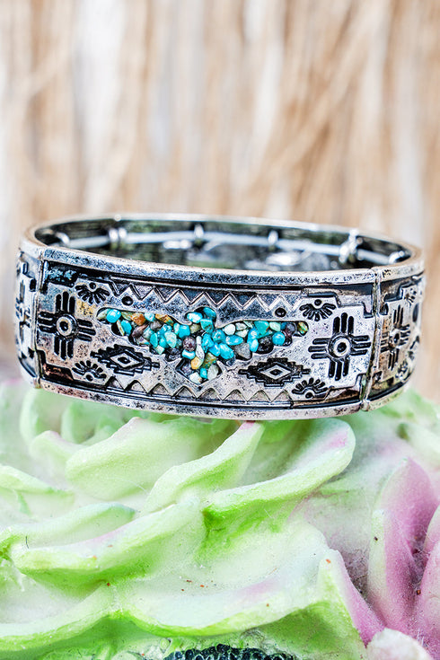 Turquoise Taos Flintrock Thunder Silvertone Bracelet