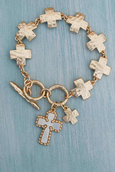 Linked in Faith Matte Goldtone Charm Toggle Bracelet