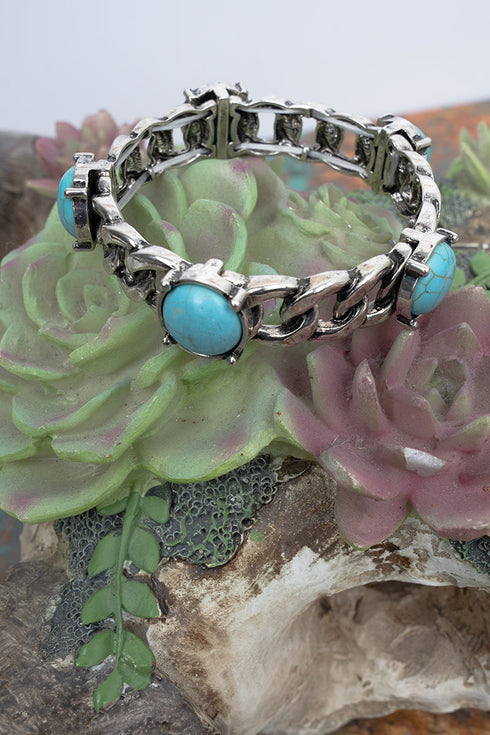 Turquoise Boulder City Link Silvertone Stretch Bracelet