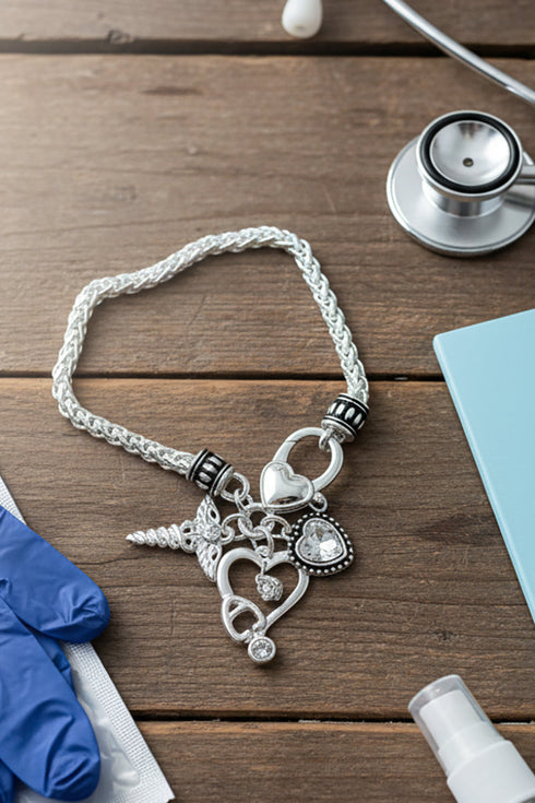 Heart of a Nurse Silvertone Charm Bracelet