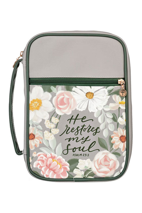 He Restores My Soul Gray Faux Leather Large Bible Cover