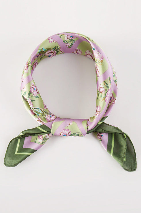 Botanical Edge Pink & Green Square Satin Scarf