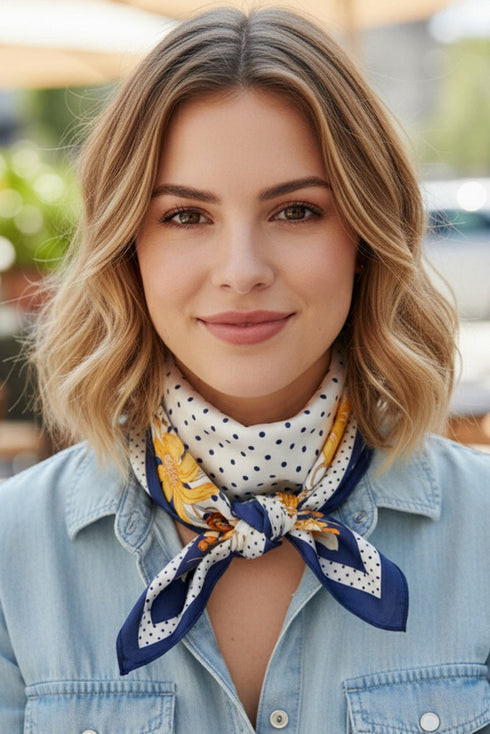 Dotted Daisy Navy Square Satin Scarf
